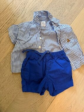 GAP Blue and White Striped Baby Button-Down Shirt and blue Shorts